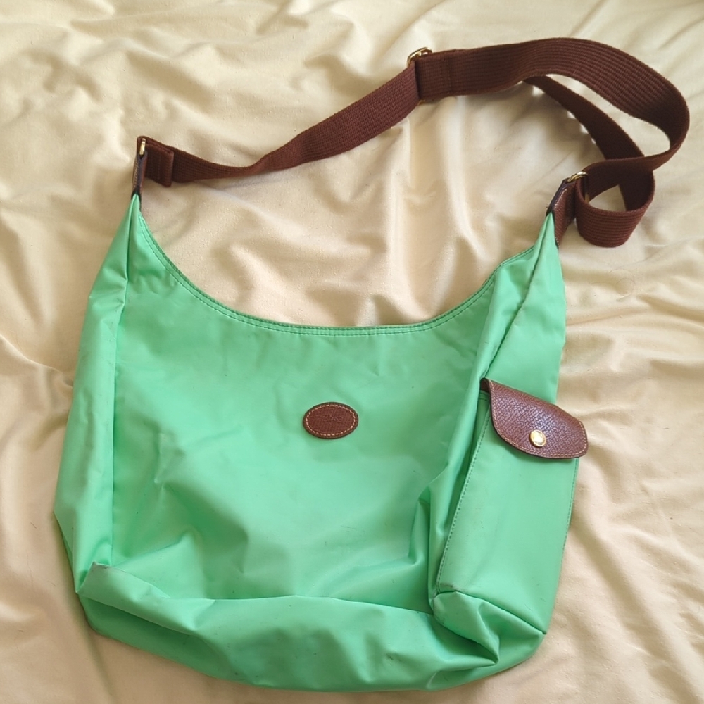 Longchamp Green Nylon Shoulder Bag with Brown Trim